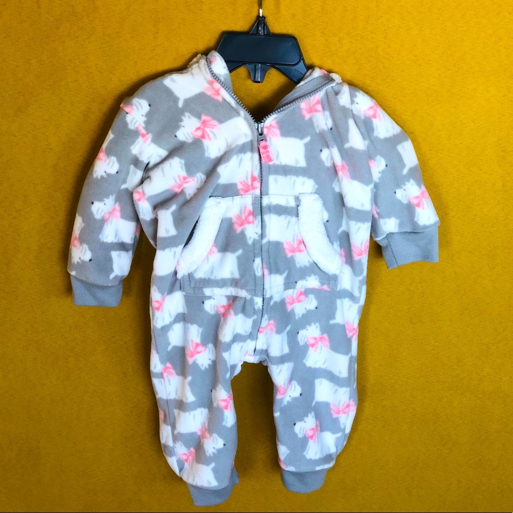 Carter’s Cozy Hooded Romper with White Puppies and Pink Bows, Size 6 Months